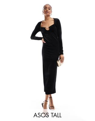 ASOS DESIGN Tall scoop velvet midi dress with pearl strap in black