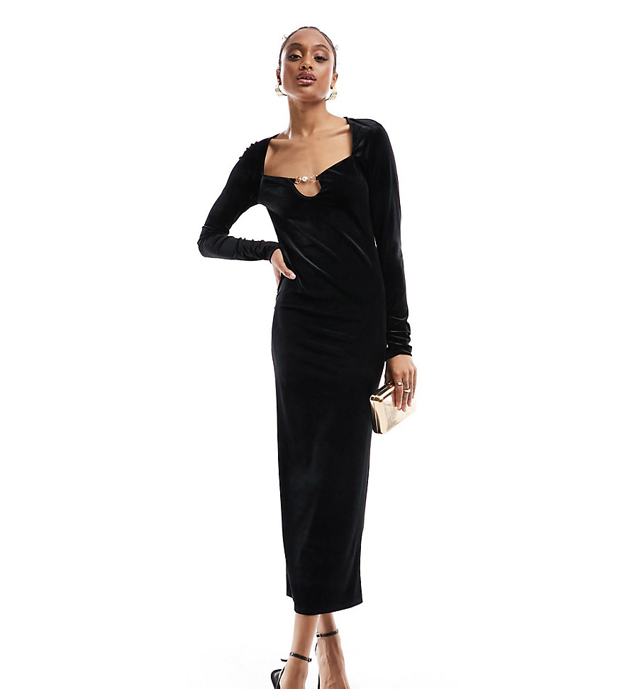 Asos Tall Asos Design Tall Scoop Velvet Midi Dress With Pearl Strap In Black