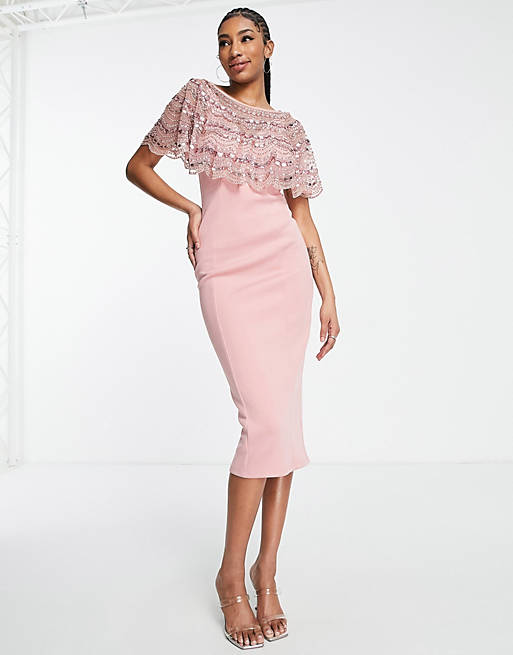 ASOS DESIGN Tall scuba midi dress with embellished cape detail in light pink