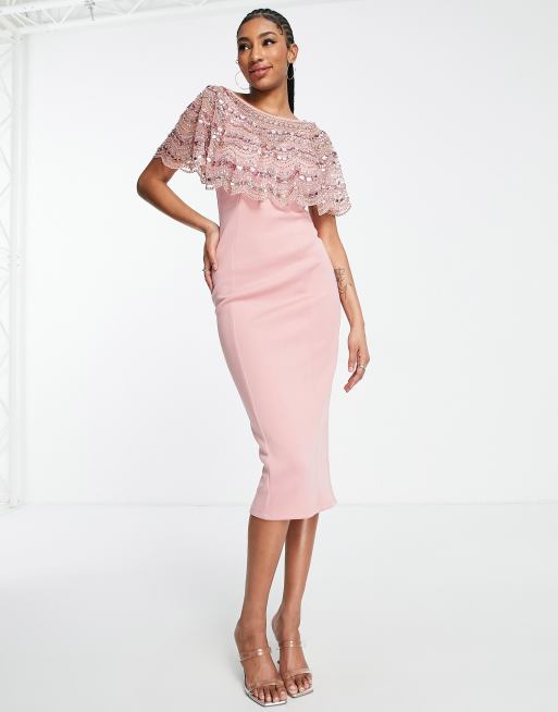 ASOS DESIGN Tall scuba midi dress with embellished cape detail in light  pink