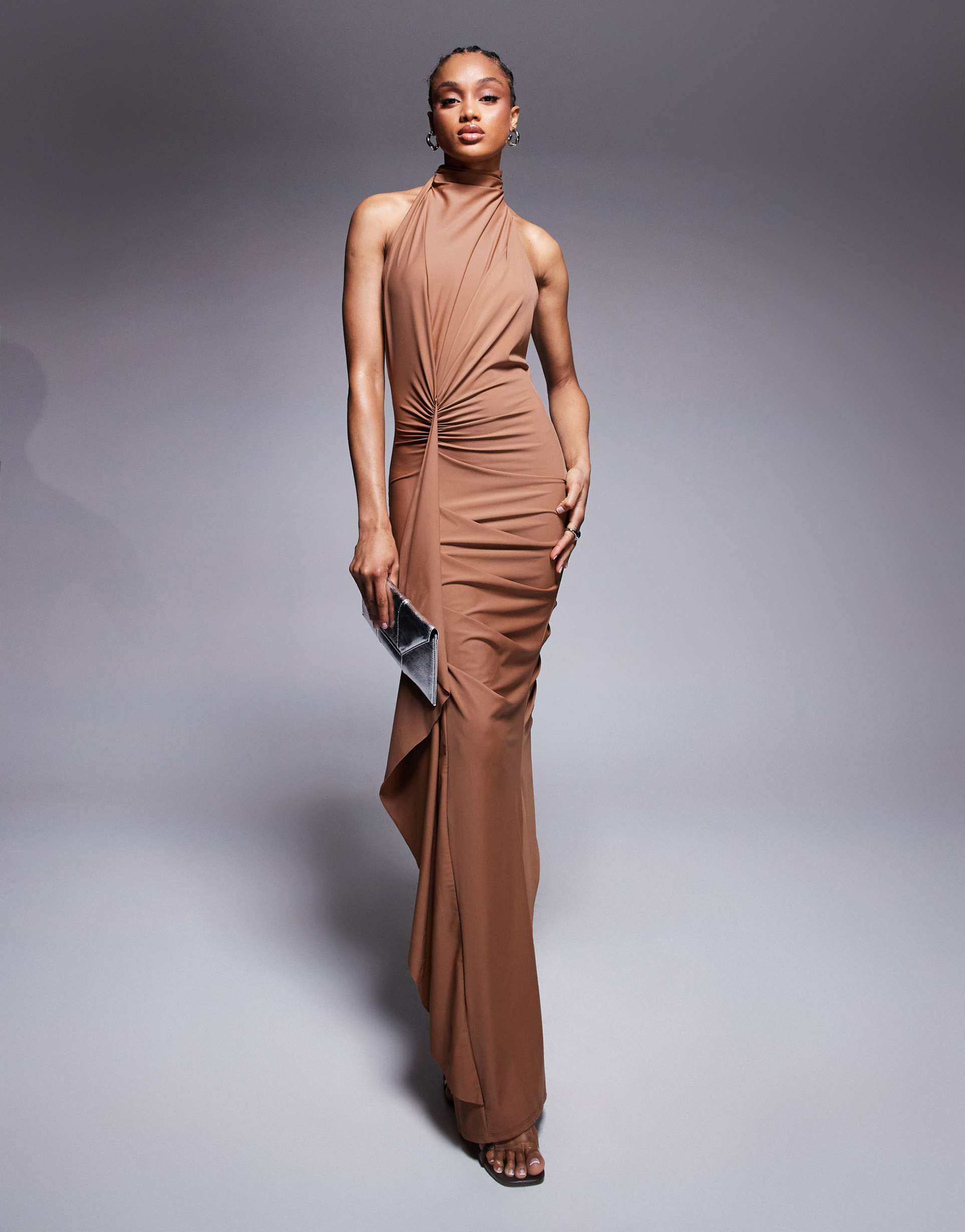 asos design tall sculpting jersey high neck drape ruffle maxi dress in chocolate