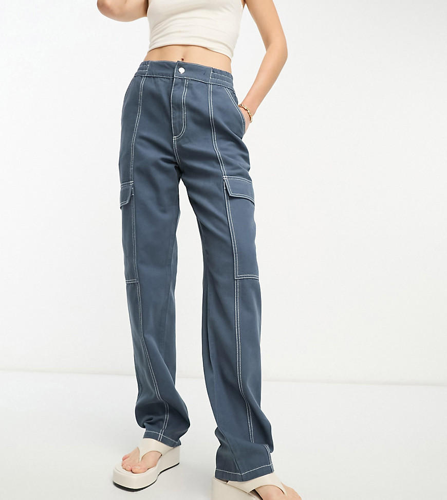 ASOS DESIGN Tall seam detail cargo trouser in navy with contrast stitch