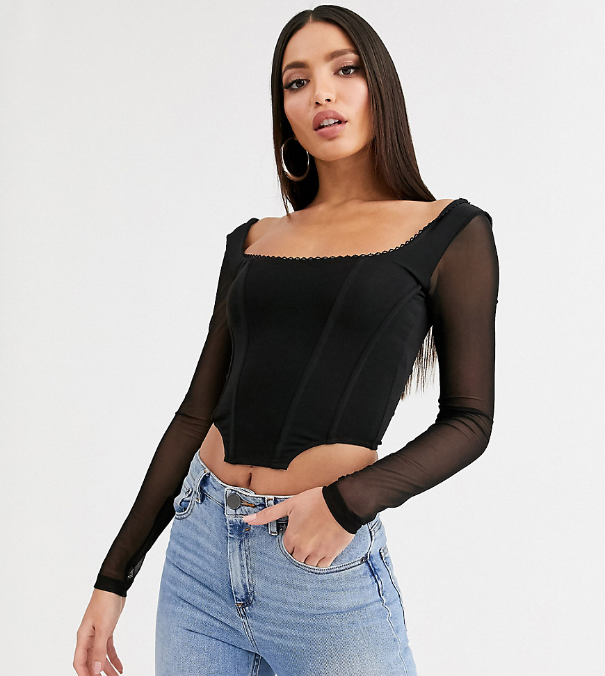 ASOS DESIGN Tall seamed corset top with trim and mesh long sleeves in black