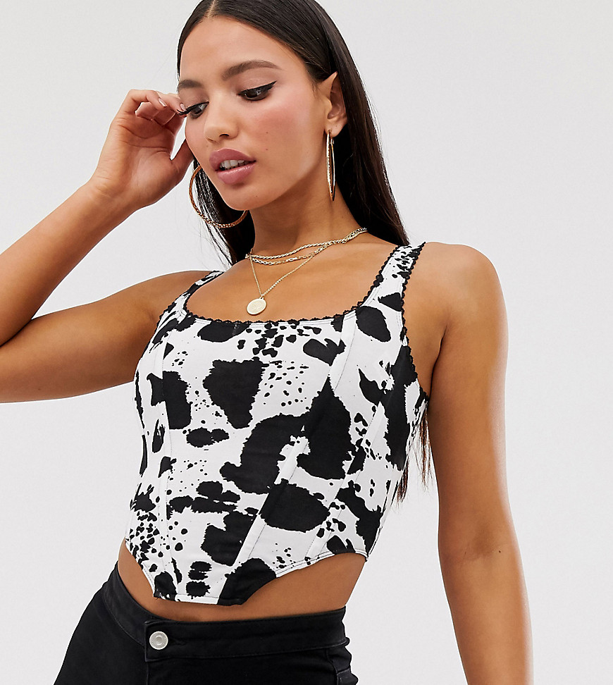 ASOS DESIGN Tall seamed corset top with trim in animal print-Black