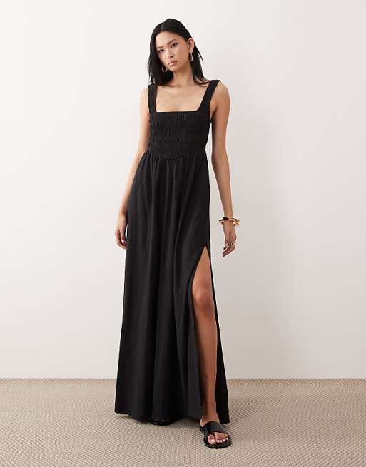 ASOS DESIGN Tall Selina beach shirred maxi dress in black