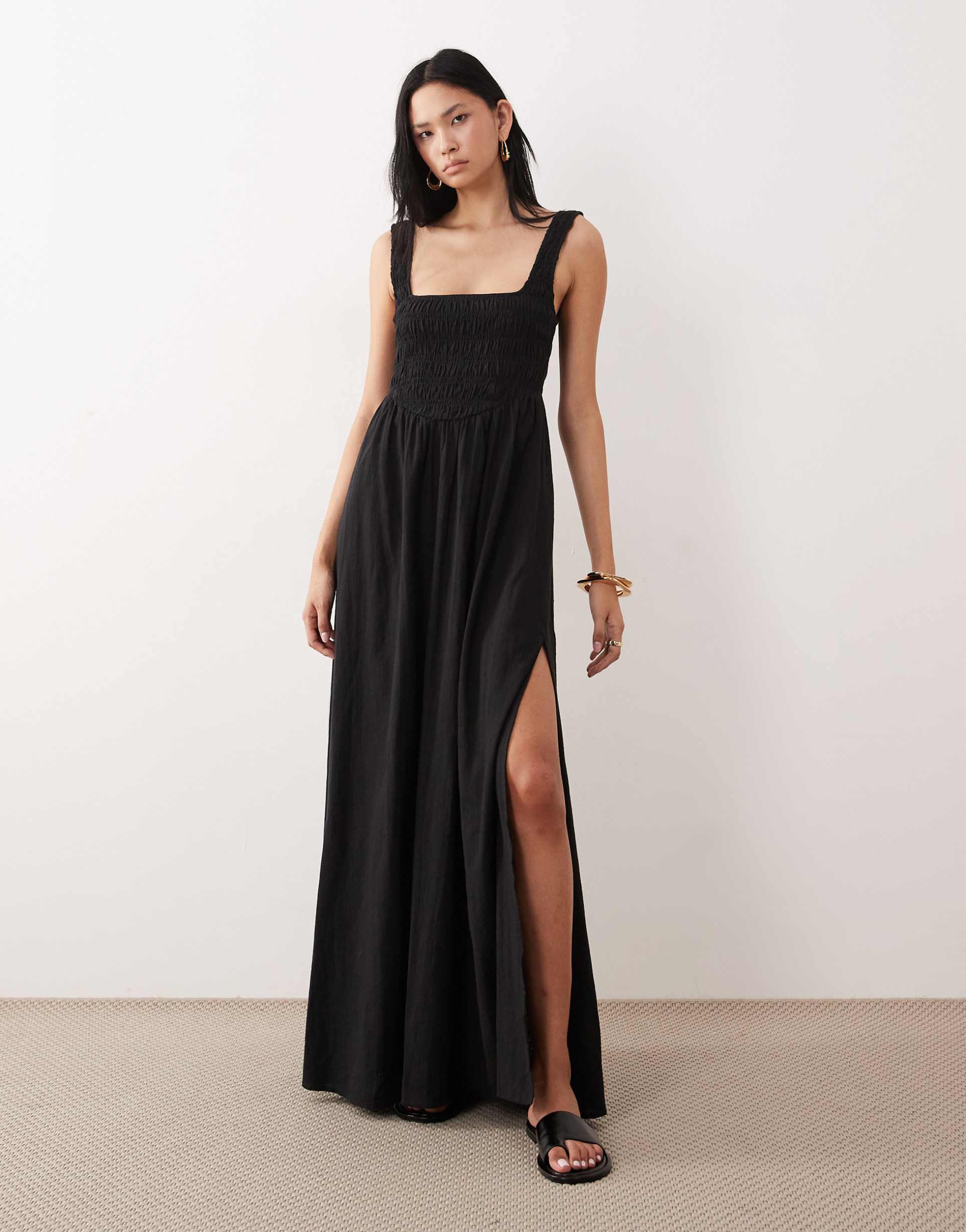 asos design tall selina beach shirred maxi dress in black