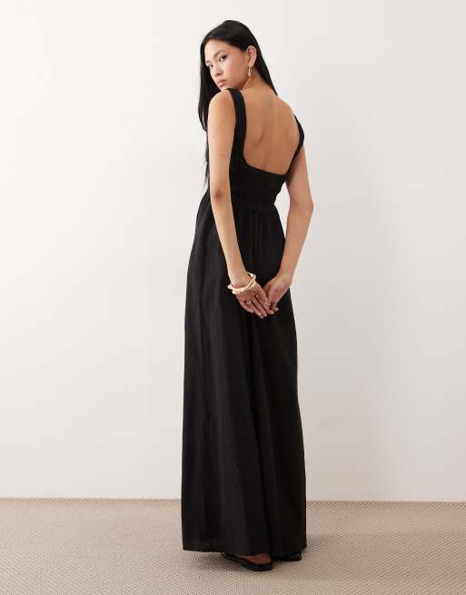 ASOS DESIGN Tall Selina beach shirred maxi dress in black, 4 of 4