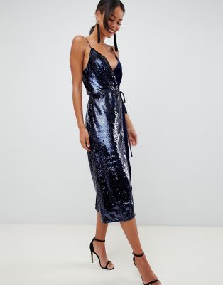 asos design wrap midi dress in velvet stripe sequin