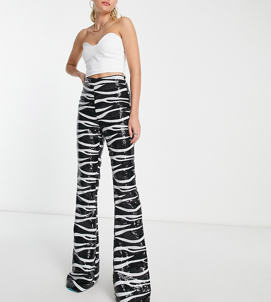 ASOS DESIGN Tall sequin flare pants in zebra-Black