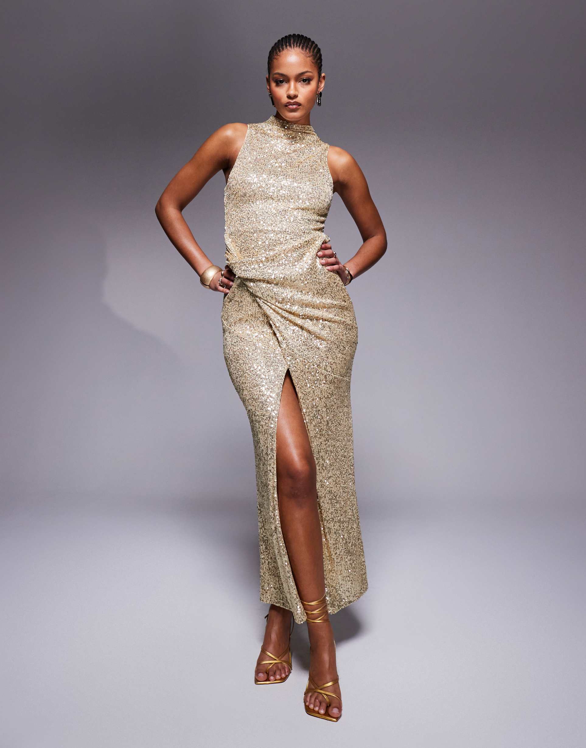 asos design tall sequin high neck midi dress with twisted cowl skirt detail in gold