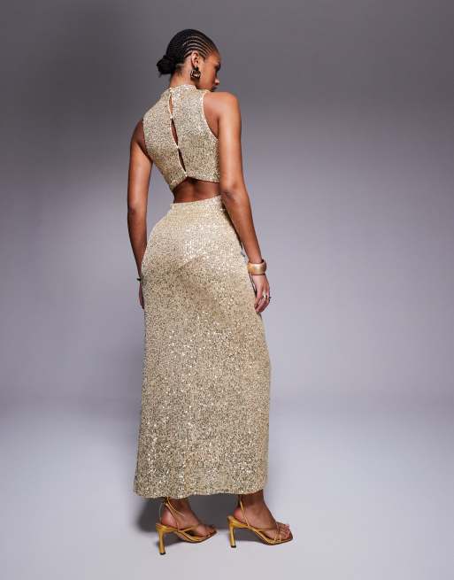 ASOS DESIGN Tall sequin high neck midi dress with twisted cowl skirt detail in gold