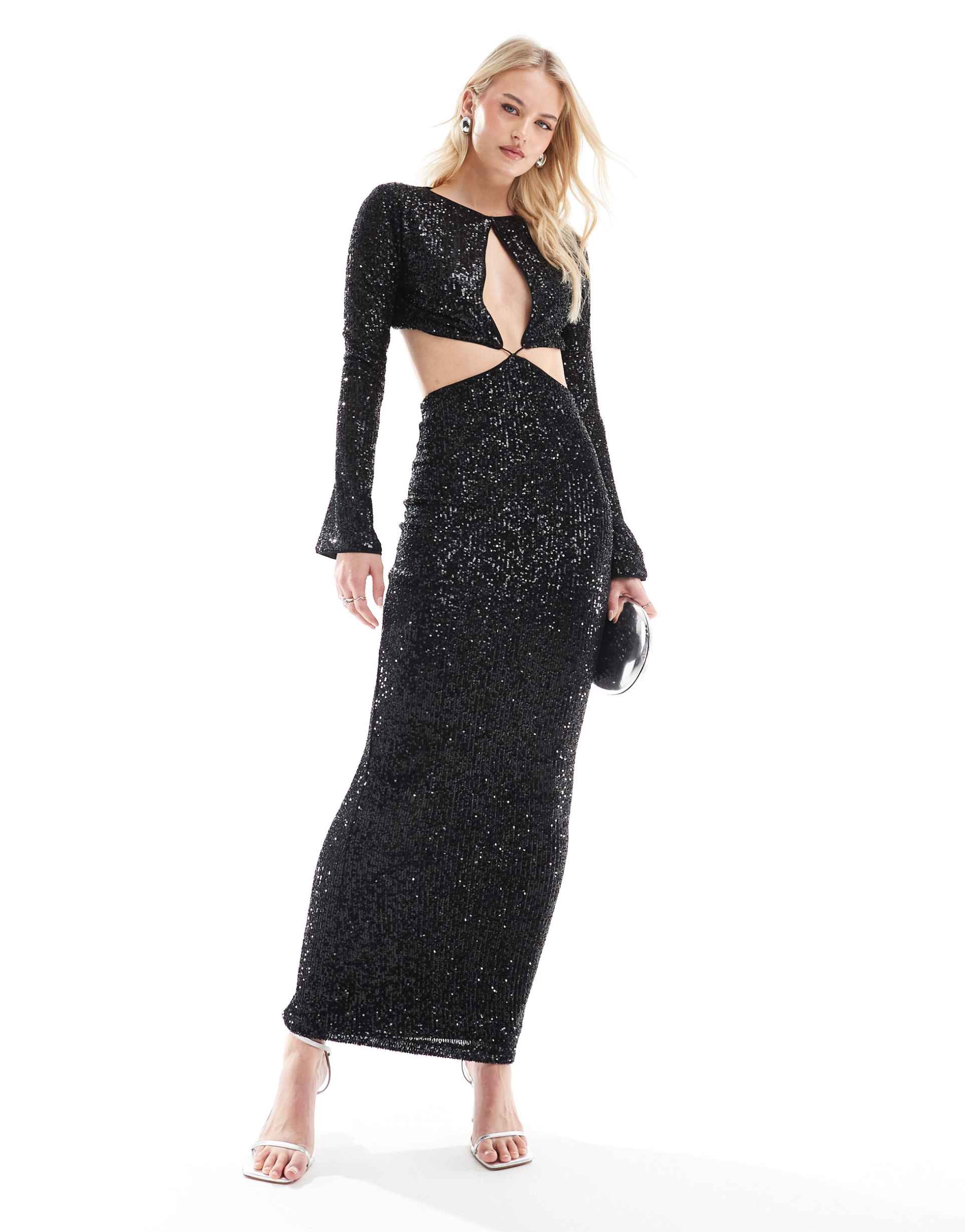 asos design tall sequin long sleeve wrap around maxi dress with keyhole detail in black