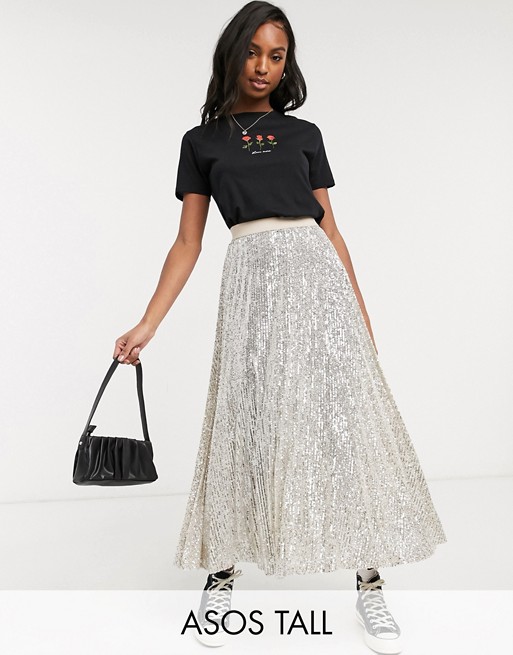 ASOS DESIGN Tall sequin pleated midi skirt in silver