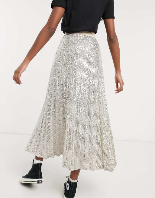 Asos design pleated shop sequin midi skirt