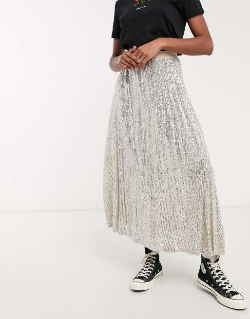 Asos design pleated shop sequin midi skirt