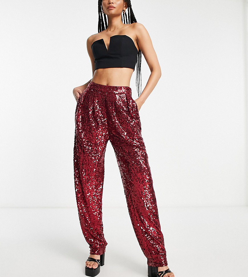 ASOS DESIGN Tall sequin slouchy trouser in ruby-Red