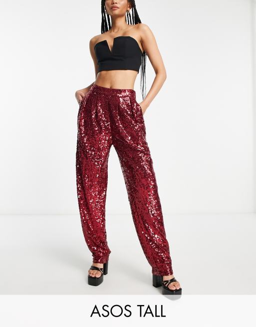 ASOS DESIGN Tall sequin slouchy trouser in ruby | ASOS