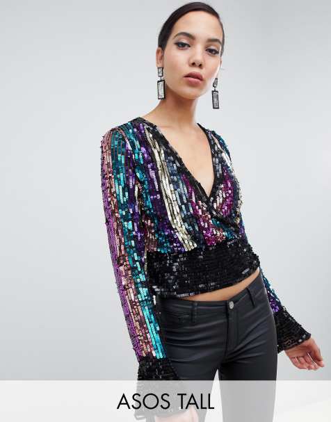 ASOS DESIGN Tall sequin stripe wrap top with open back