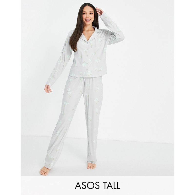 Pigiami Intimo e abbigliamento notte DESIGN Tall - Set pigiama classico con camicia e pantaloni in viscosa grigio chiaro a fiori