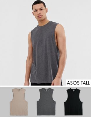 ASOS DESIGN Tall - Set van 3 T-shirts zonder mouwen met verlaagde armsgaten, voordeel-Multi
