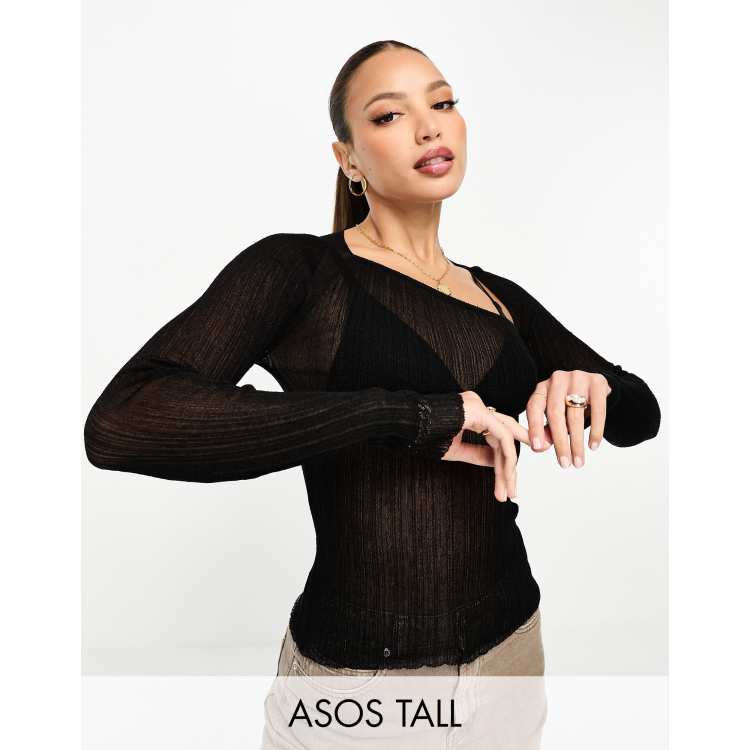 ASOS DESIGN Tall sheer knit top with asymmetric neckline in black