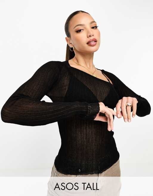 ASOS DESIGN Tall sheer knit top with asymmetric neckline in black