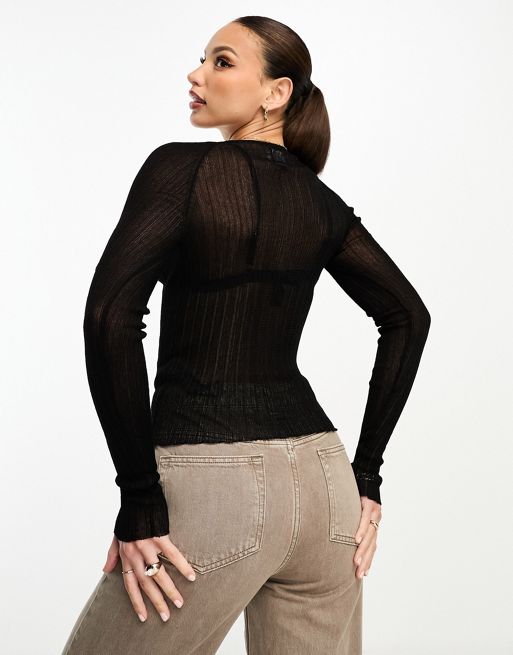 ASOS DESIGN Tall sheer knit top with asymmetric neckline in black