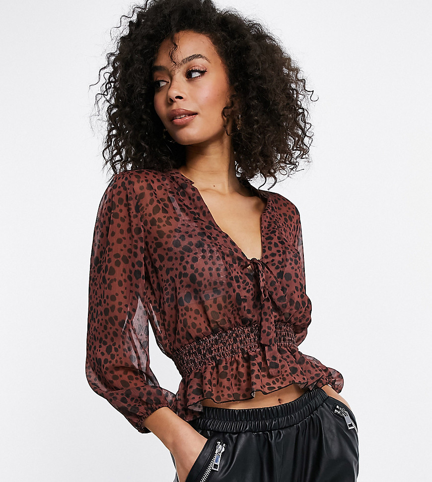 ASOS DESIGN Tall sheer long sleeve top with shirred waist in splotch print-Multi