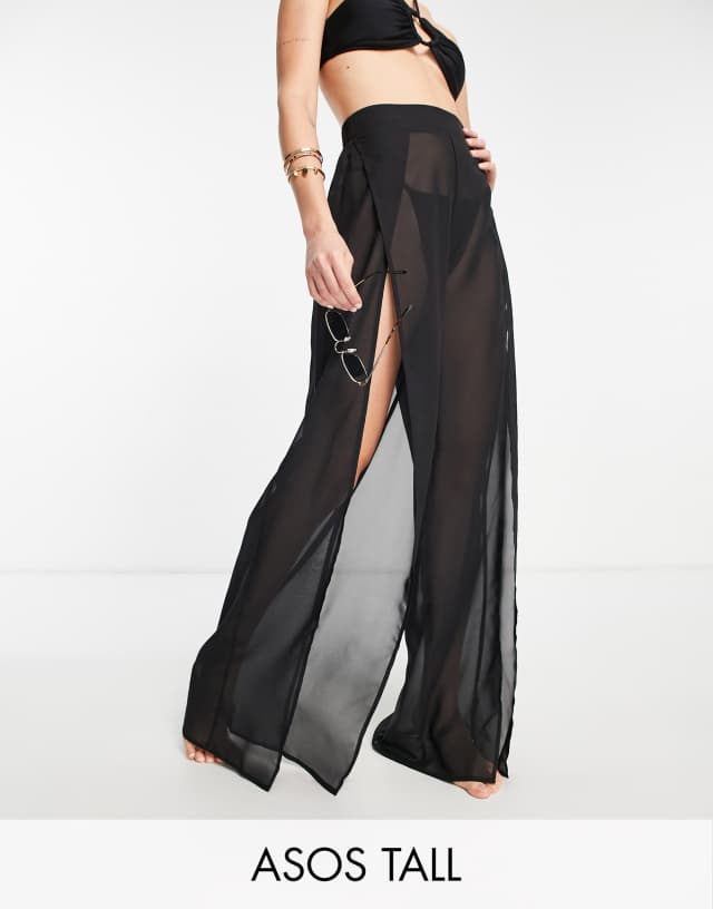 ASOS DESIGN Tall sheer split front wide leg beach pants in black