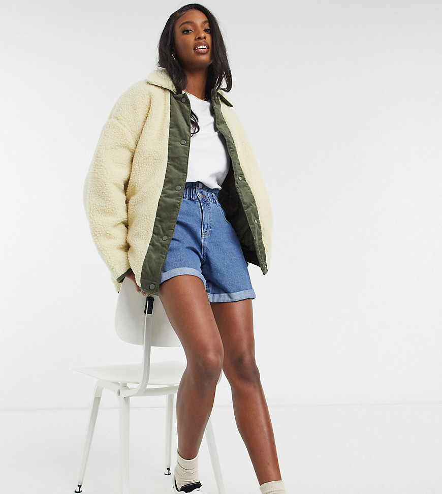 ASOS DESIGN Tall sherpa jacket with cord paneling in cream-White
