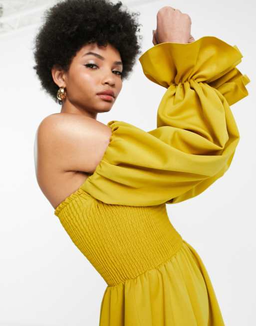 ASOS DESIGN  Tall shirred bardot blouson sleeve prom midi dress in chartreuse, 2 of 4