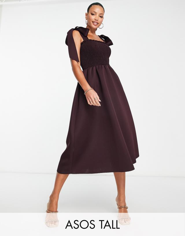 ASOS DESIGN Tall shirred bunny tie prom midi dress in aubergine