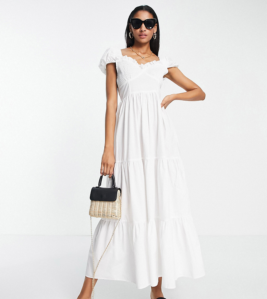 ASOS Tall ASOS DESIGN Tall shirred bust midi dress with tiered skirt in white