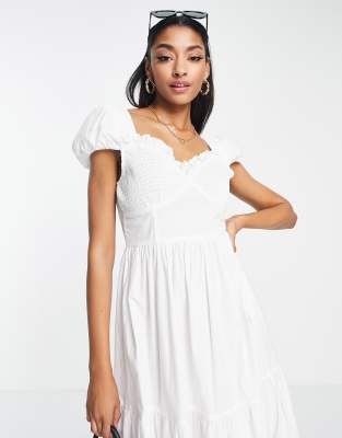 ASOS Design Tall Shirred Bust Midi Dress with Tiered Skirt in White