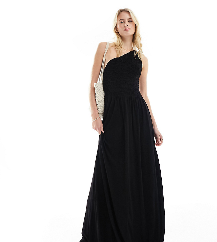 Asos Tall Asos Design Tall Shirred Crinkle One Shoulder Maxi Dress In Black