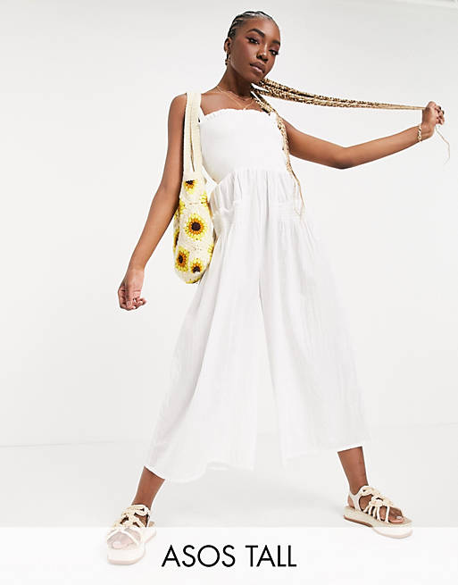  tall shirred elastic back jumpsuit in white 