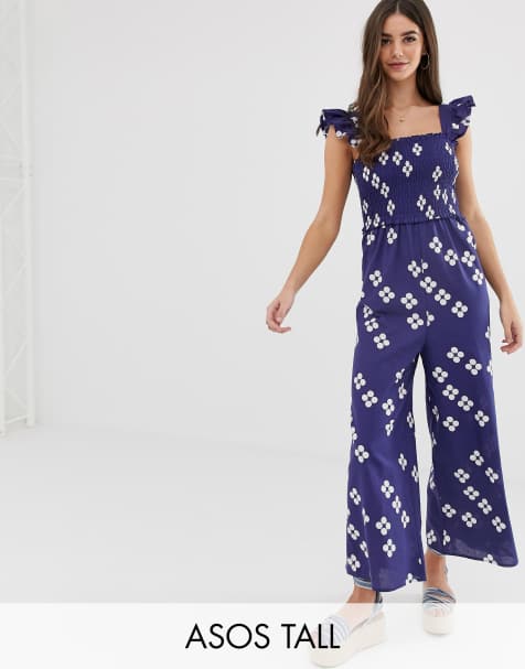 ASOS DESIGN Tall shirred frill sleeve jumpsuit in spot print