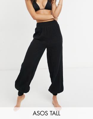 ASOS DESIGN beach harem pants in black crinkle