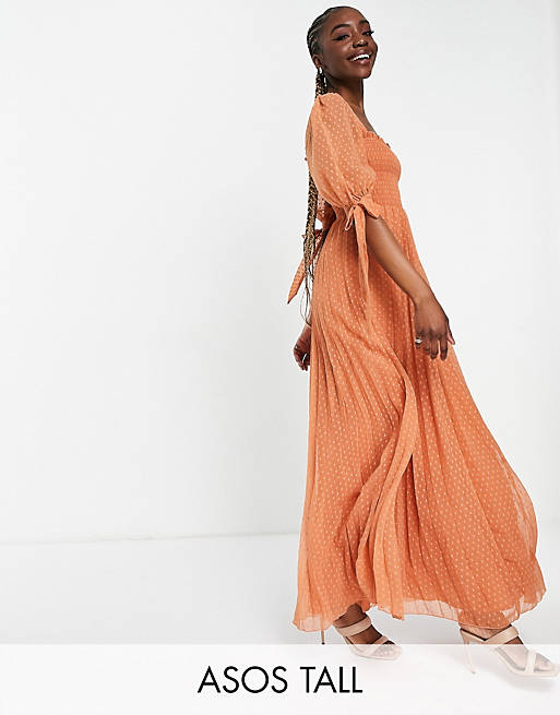 ASOS DESIGN Tall shirred pleated maxi dress with tie sleeves in plain dobby spot in rust