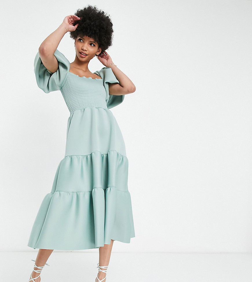 ASOS DESIGN Tall shirred puff sleeve tiered prom midi dress in frosty sage-Green
