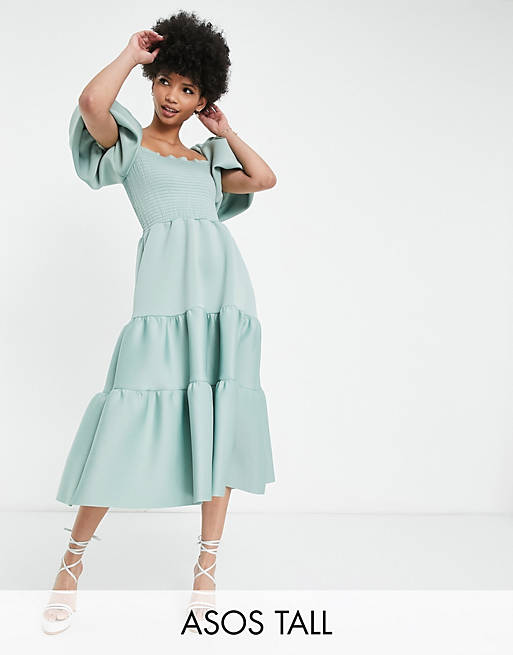ASOS DESIGN Tall shirred puff sleeve tiered prom midi dress in frosty ...