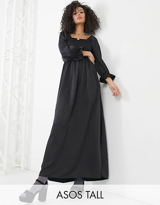  Tall shirred satin maxi dress in black 