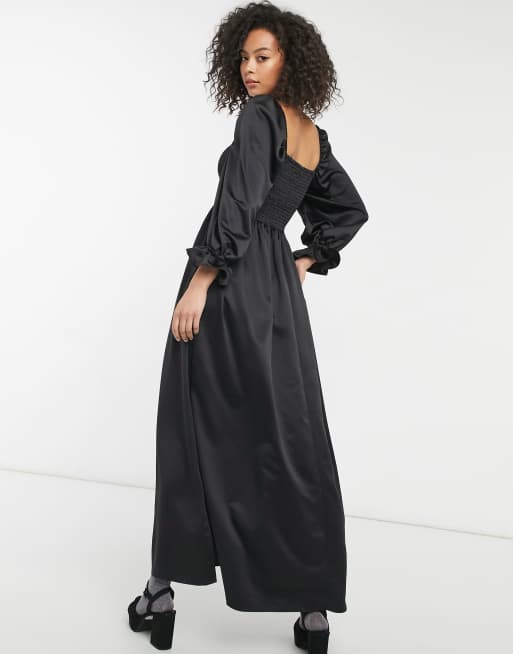 ASOS DESIGN Tall shirred satin maxi dress in black, 2 of 4