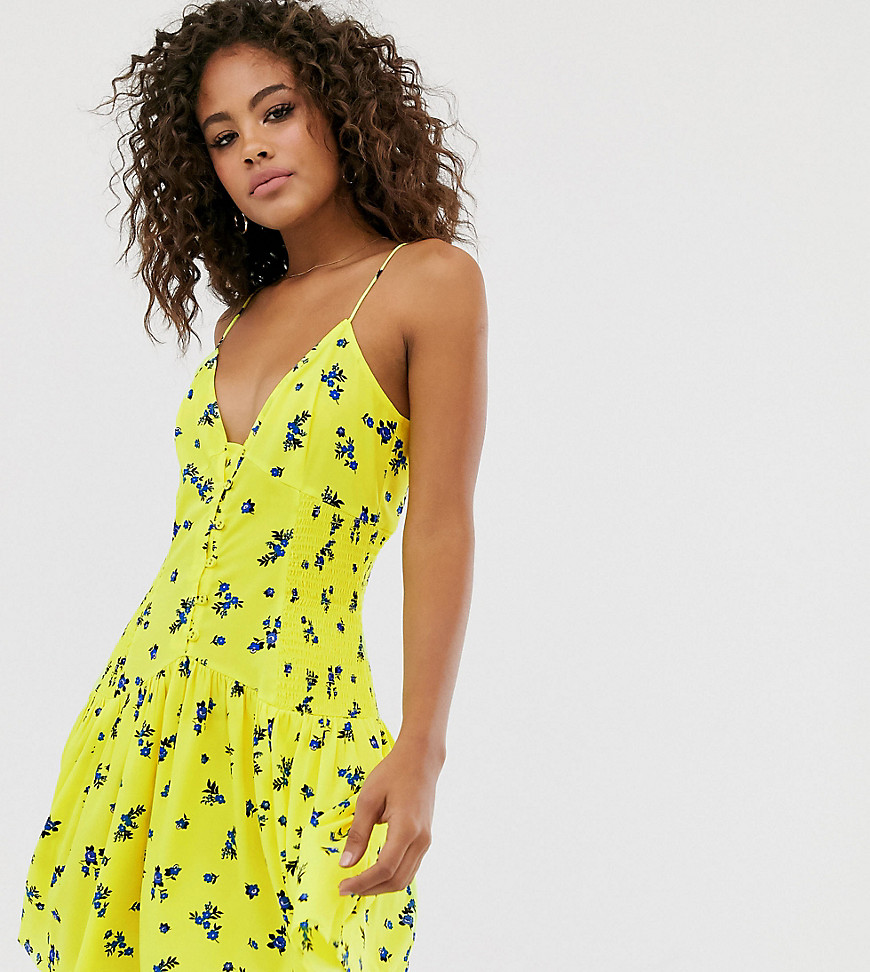 ASOS DESIGN Tall shirred side button through mini sundress in ditsy floral print-Multi
