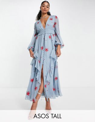 ASOS DESIGN Tall shirred waist button through midi tea dress with all over embroidery in dusty blue-Multi