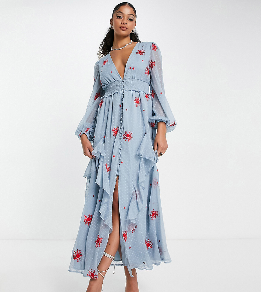 ASOS DESIGN Tall shirred waist button through midi tea dress with all over embroidery in dusty blue-