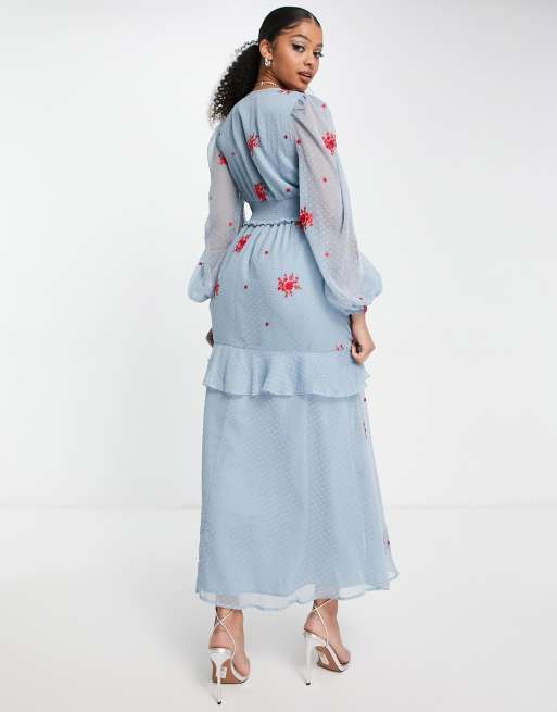 ASOS DESIGN Tall shirred waist button up midi tea dress with all over embroidery in dusty blue ASOS