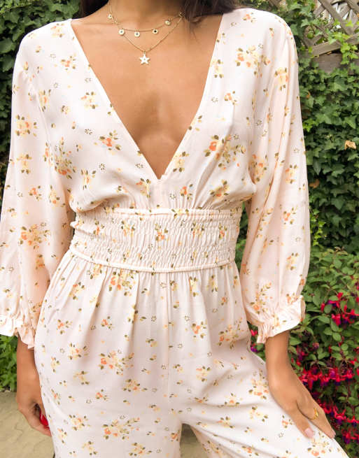 ASOS DESIGN Tall shirred waist jumpsuit in meadow floral print, 3 of 4