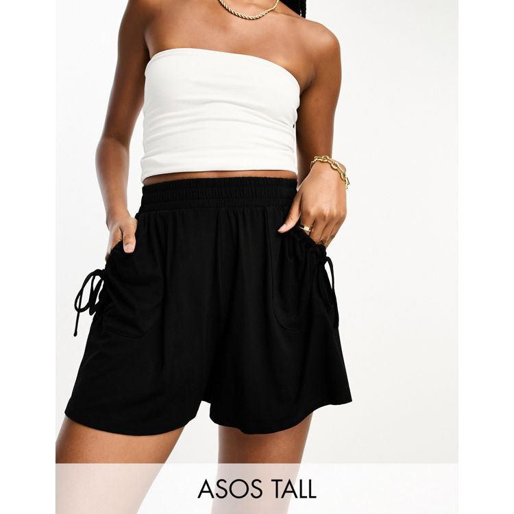 ASOS DESIGN slim shorts in extremeshorter length in black leather look