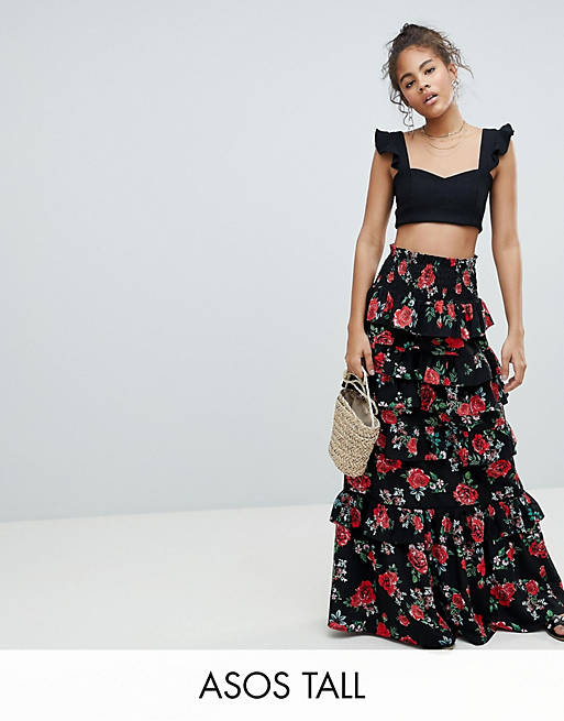 ASOS DESIGN Tall shirred waist tiered maxi skirt in rose floral print
